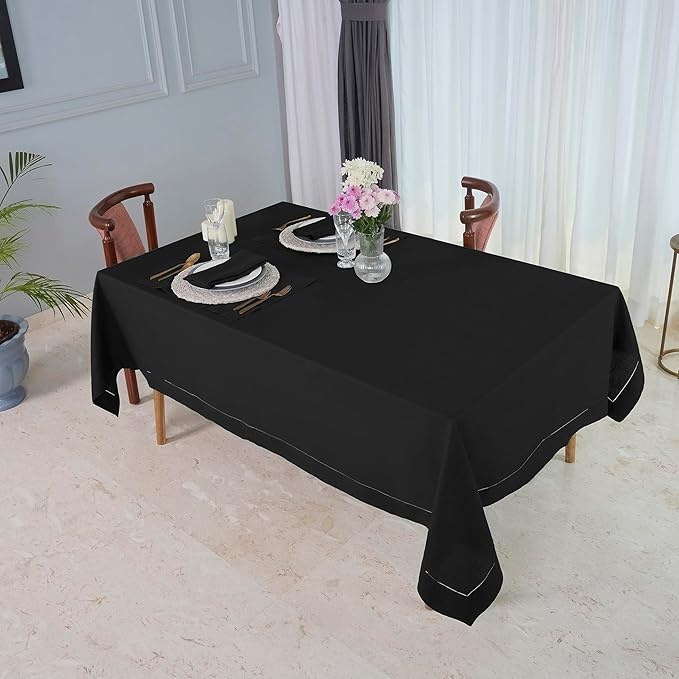 D'Moksha Homes Black Linen Tablecloth for Rectangle Tables 60 x 132 Inch - 100% Pure Linen Black Table Cloth - Classic Hemstitch, Machine Washable Dining Tablecloth for Spring, Easter