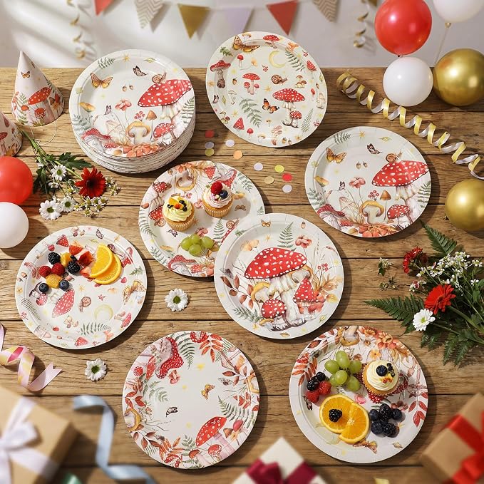 Gerrii 60 Pcs Watercolor Mushroom Party Plates 7 Inch Red Mushroom Birthday - Image 6