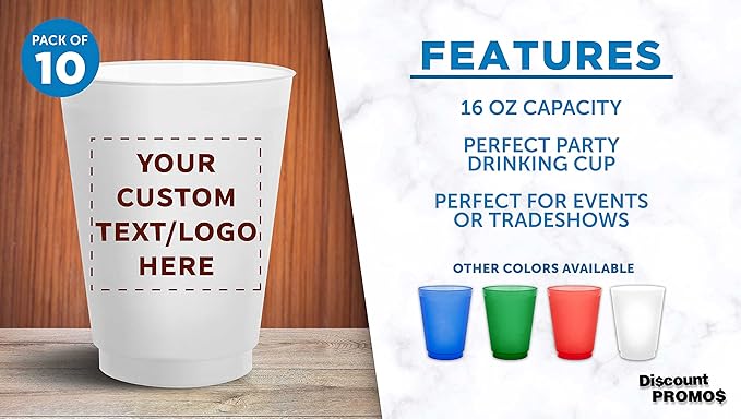 DISCOUNT PROMOS Custom Frosted Plastic Stadium Cups, 10 pack, Promotional Text, Logo, 16 oz. Shatterproof Flexible Reusable Party Cups, Natural