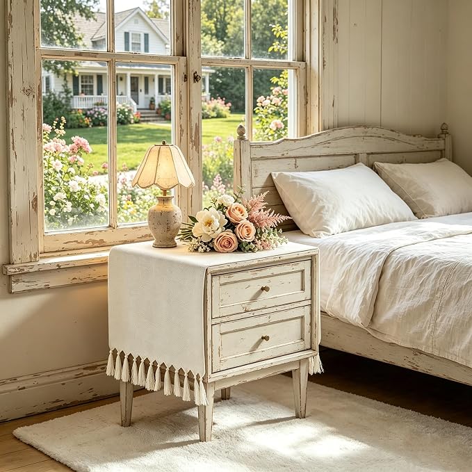 Nightstand Cover 13 x 36 Inch Cream Boho Dresser Cover Top | Short Farmhouse - Image 6