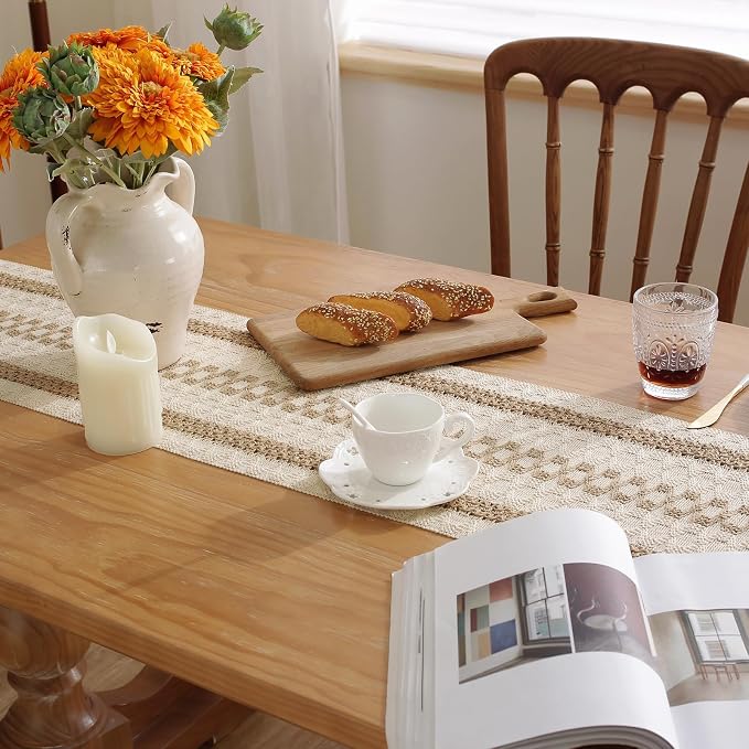 Boho Table Runner with Tassels 12 x 120 Inches Long, Cream & Brown Rustic - Image 4