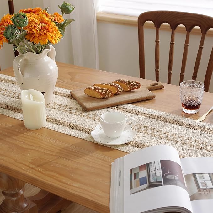 Boho Summer Table Runner with Tassels 12 x 72 Inches Long, Cream & Brown Rustic - Image 4