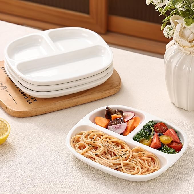 8.58" Square Ceramic Divided Plates - 4 Pack, Portion Control Plate for Rational Eating, White Dinner Plates, 3 Compartment Dinner Diet Plates for Kids Adults, Microwave, Dishwasher Safe