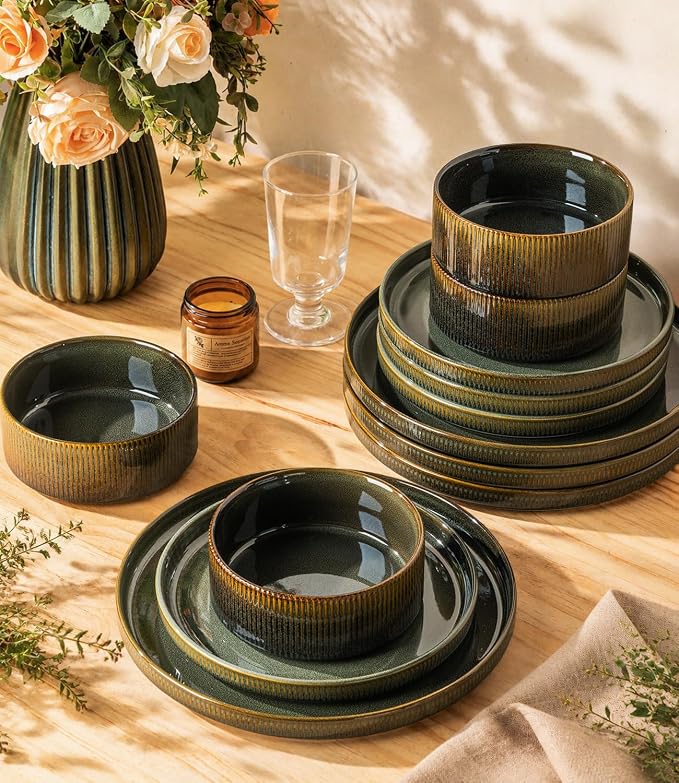 Ceramic Dinnerware Set for 4, 12-Piece Plates and Bowls Set | Lightweight - Image 5