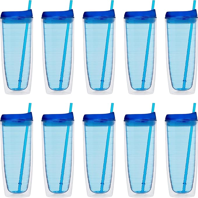 DISCOUNT PROMOS Tall Orbit Acrylic Tumblers 20 oz. Set of 10, Bulk Pack - Perfect for Iced Coffee, Soda, Other Hot & Cold Beverages - Blue