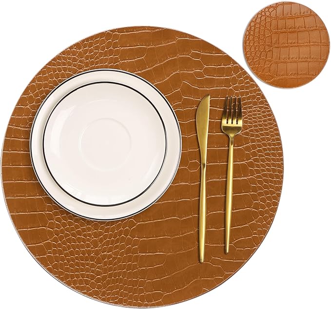 Jovono Round Leather Placemats for Round Tables Set of 6, Brown Place Mats and Coasters, Wipeable Waterproof Heat Resistant Table Mats Easy to Care for Indoor Decor 14 inch Diameter