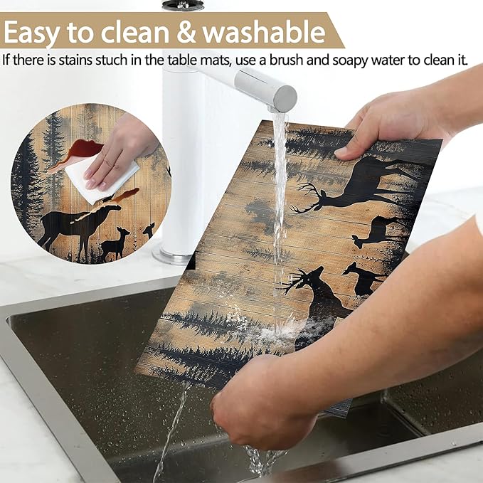 Rustic Deer Forest 12x18 Inch Placemats Set of 6 - Waterproof, Non-Slip & Washable Rustic Wildlife Moose Forest Animal Table Mats for Kitchen & Dining Table Placemats