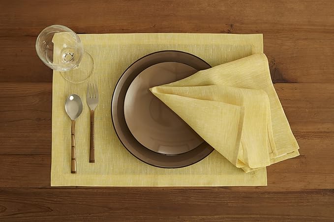 Solino Home Linen Placemats Set of 4-100% Pure Linen Chambray Lemon Yellow Cloth Placemats 14 x 19 Inch for Spring, Easter - Athena