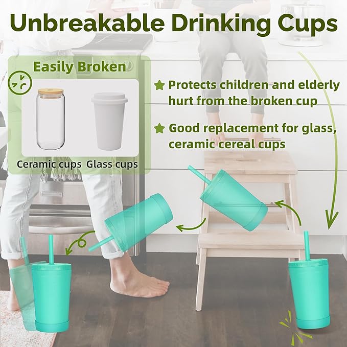 Homestockplus Reusable Wheat Straw Cups with Lid and Straws, 10 Oz Chip Resistant Drinking Cups, Small Water Cups with Silicone Straws - BPA Free Dishwasher Safe for Milk, Drinks, Smoothies