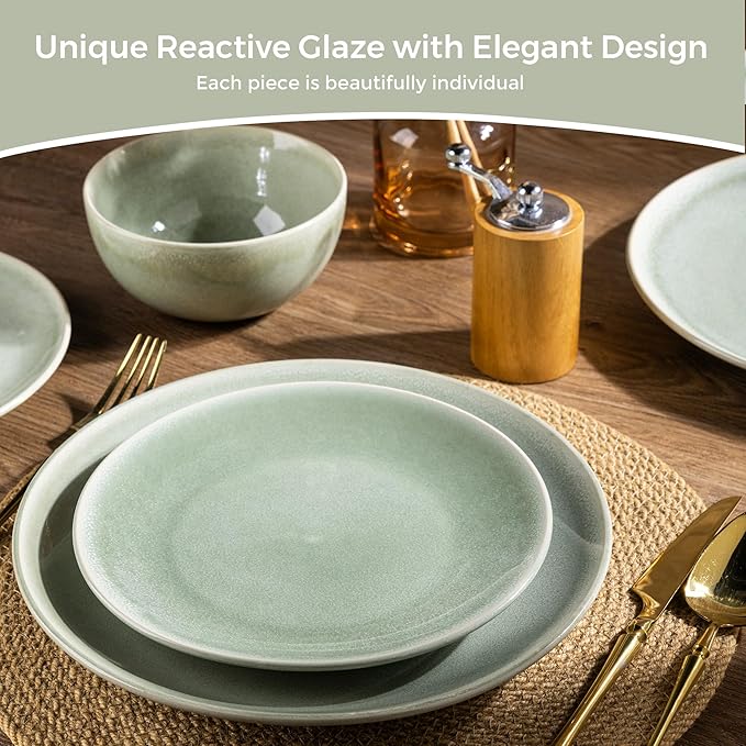 AmorArc Ceramic Dinnerware Sets for 8, 24 Pieces Handpainted Plates and Bowls Set, Scratch Resistant Stoneware Dishes Set, Dishwasher & Microwave Safe, Olive Green