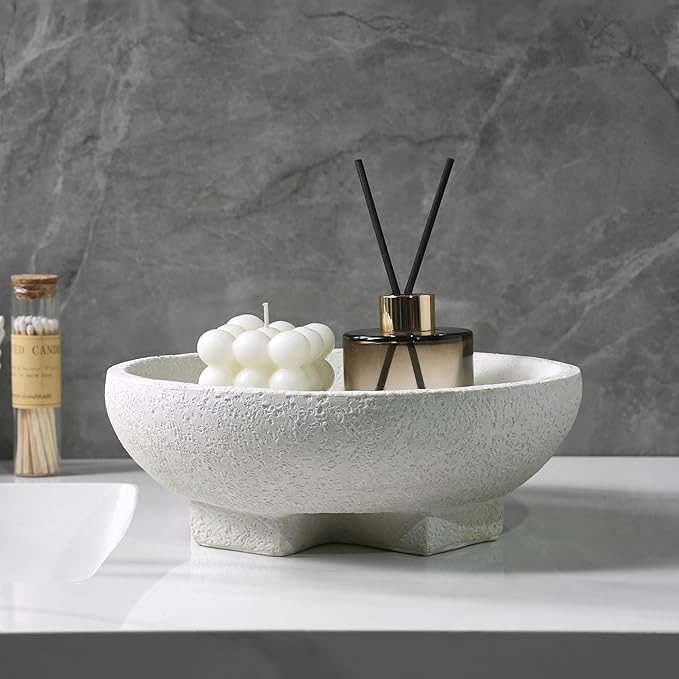 Beige Decorative Bowl, Large Fruit Bowl for Kitchen Counter, Resin Pedestal Key Bowls for Entryway Table, Coffee Table Centerpiece