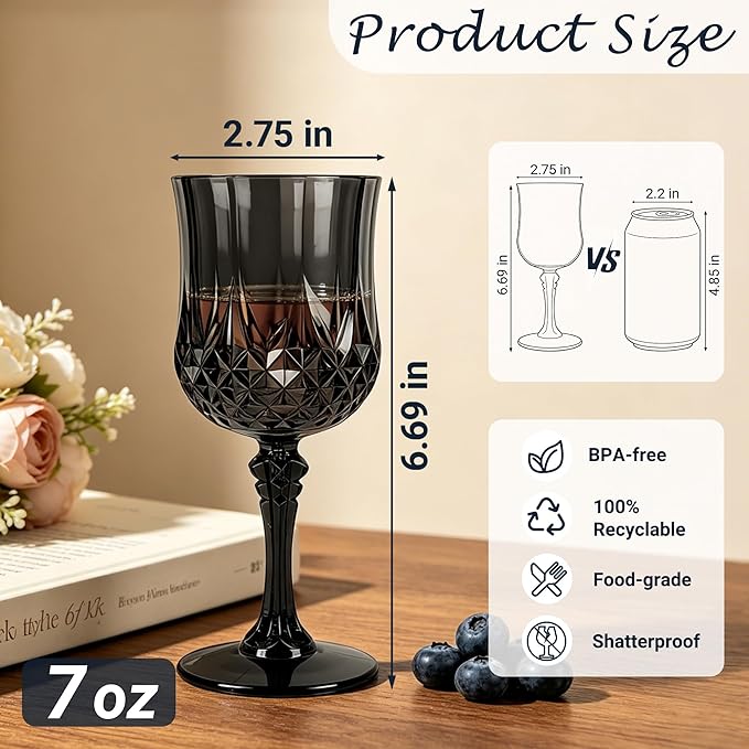 12Pack Plastic Wine Glasses, 7oz Vintage Goblets - Image 2