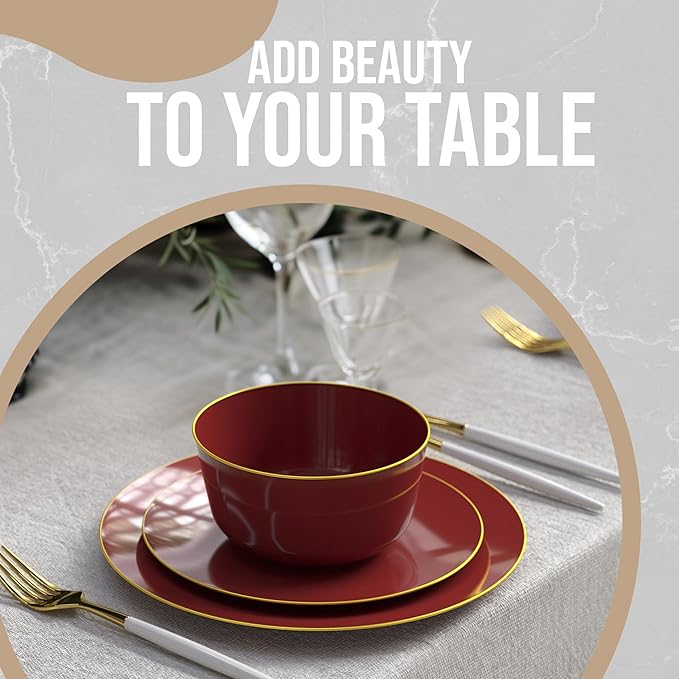 Trendables Burgundy & Gold Rimmed Disposable Bowls - 24 Oz Set of 20 Fancy Plastic Serving Bowls Perfect for Ice Cream, Salad & Candy