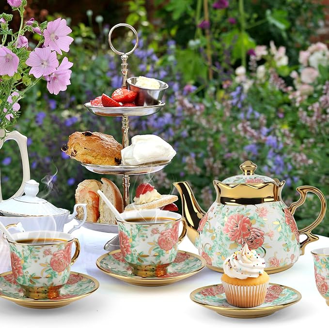 20 Pcs Porcelain Tea Set with Metal Holder, Adult Tea Set Gift, European - Image 3