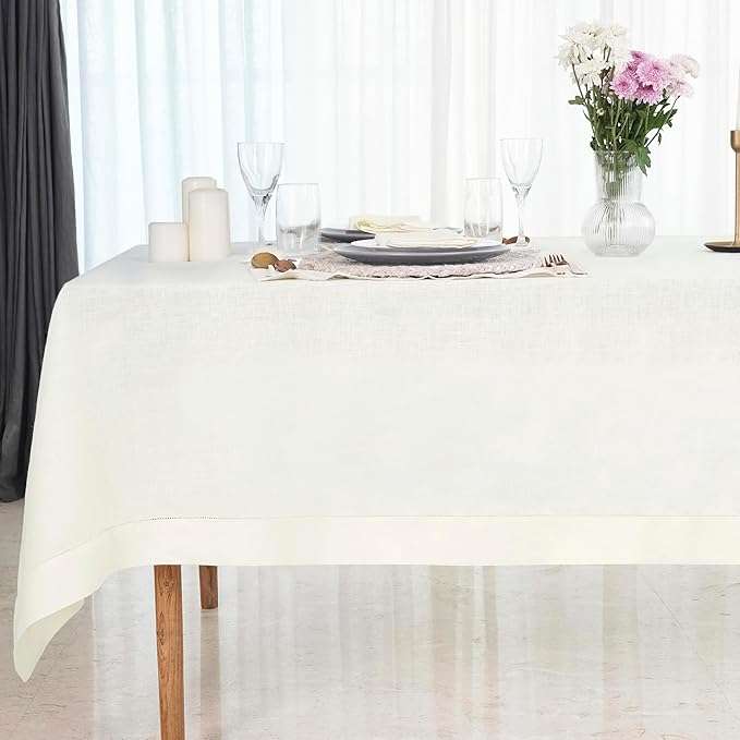 D'Moksha Homes Ivory Linen Tablecloth 60 x 108 Inch - 100% Pure Linen Ivory Table Cloth for Rectangle Tables - Classic Hemstitch, Machine Washable Tablecloth for Valentines, Spring, Easter