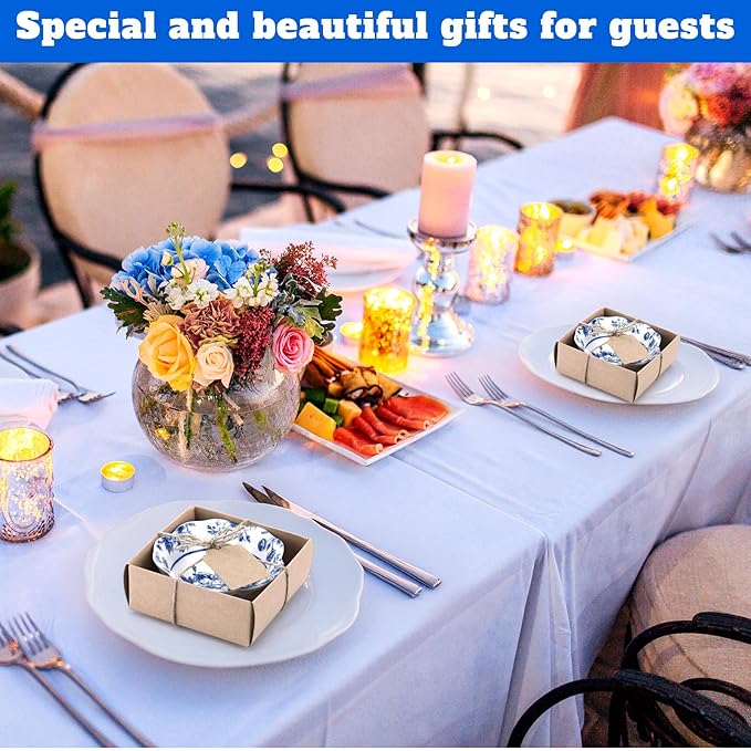 96 Pcs Wedding Favors for Guests Small Ceramic Bowl Bulk Gifts Set 3.3 Inch Floral Design Mini Dipping Sauce Dish with Card Box for Bridal Pooja Baby Shower Birthday Guest Gift (Blue)