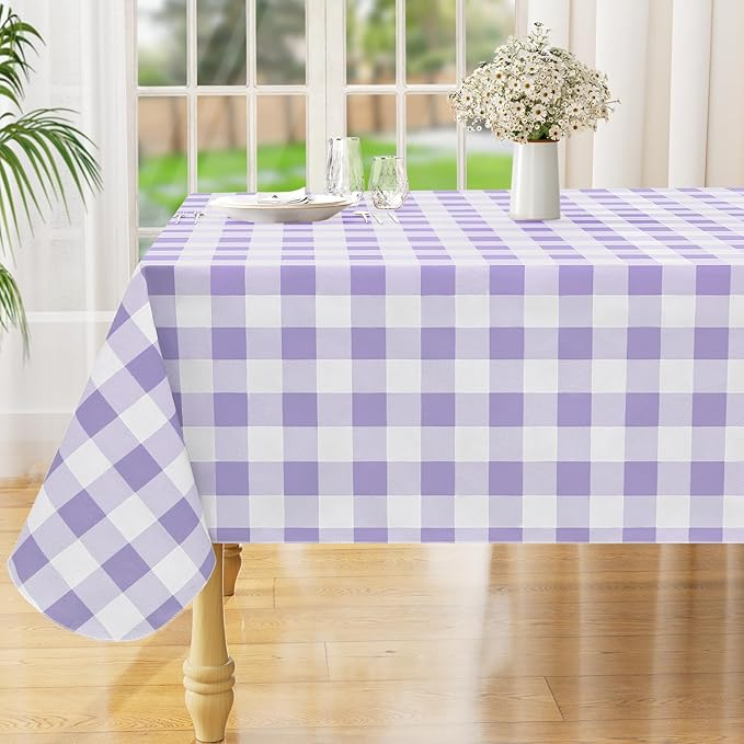 misaya Rectangle Waterproof Vinyl Table Cloth, Buffalo Flannel Backed Tablecloth, Wipeable Plastic Table Cover for Dinner, Kitchen, Outdoor (60" x 102", Lavender and White)