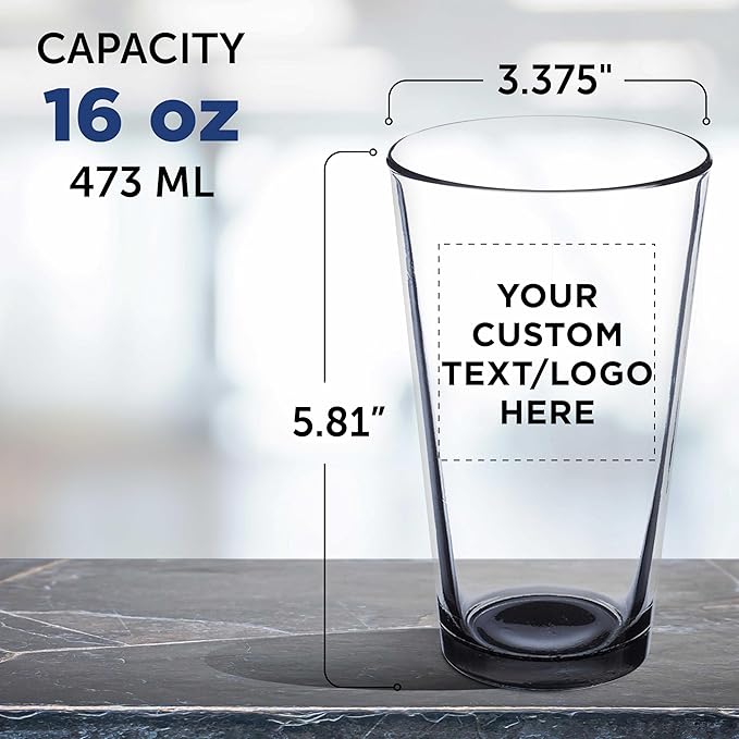 DISCOUNT PROMOS Custom Beer Pint Glasses 16 oz. Set of 10/50/100, Personalized Bulk Pack - Heavy Duty Glassware for Restaurant, Thick Base and Walls, Stackable - Black
