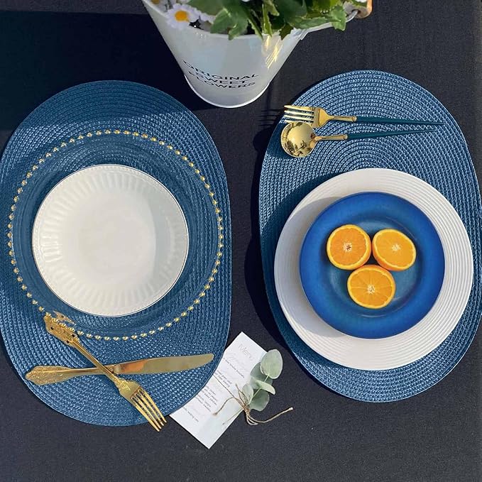 FunWheat Oval Braided Placemats Set of 6 Table Mats for Dining Tables Washable Heat Resistant Place mats for Daily Use12 x18 Inch (Oval Blue, 6pcs)