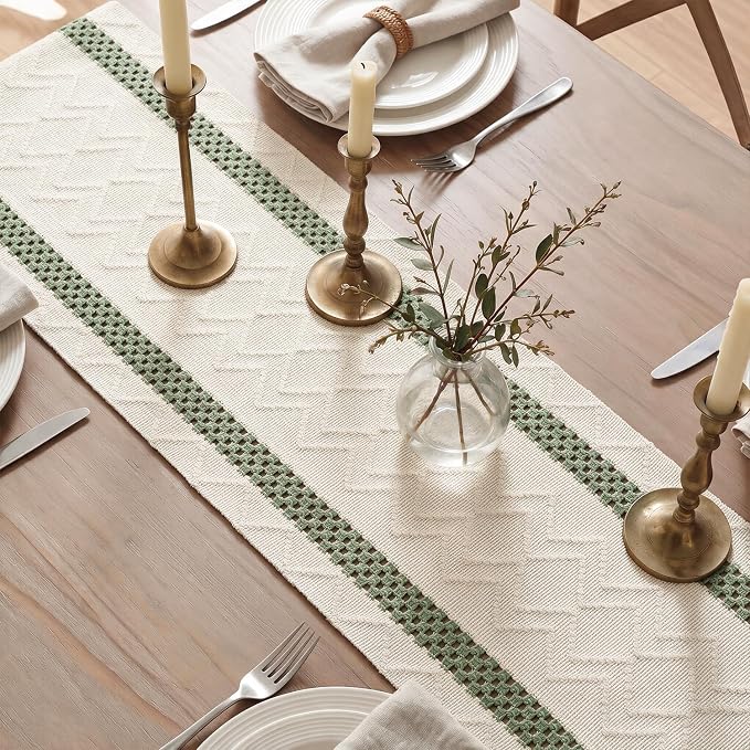 Artoid Mode Sage Green Stripe Woven Rustic Table Runner 12x48 Inch | Holiday - Image 4