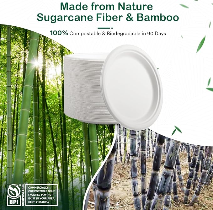 7 Inch 128 Pack Compostable Disposable Paper Plates, Heavy Duty Sugarcane Bagasse Plates, Biodegradable Eco-Friendly for Snacks & Parties, Unbleached White