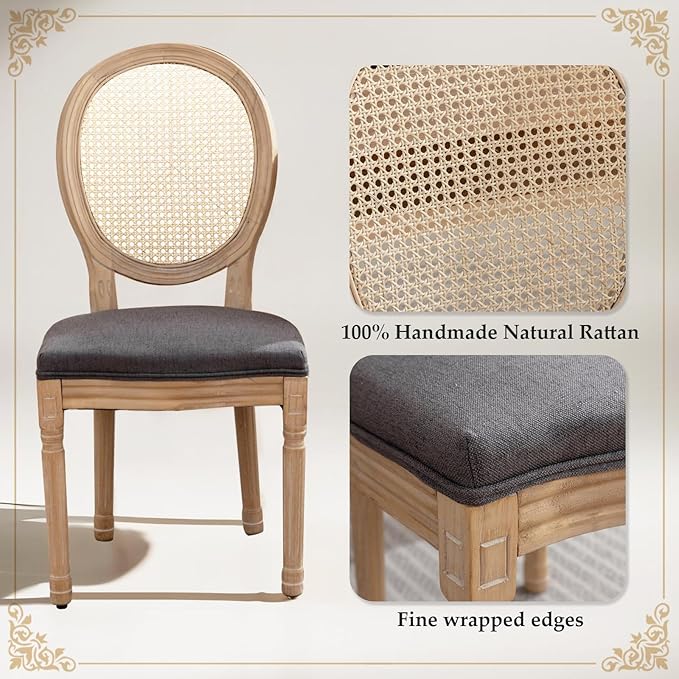 SoarFlash French Dining Chairs Set of 2, Vantage Dining Chair with Round Back, Wood Leg Farmhouse Country Rattan Dining Chair for Kitchen,Bedroom,Deep Grey