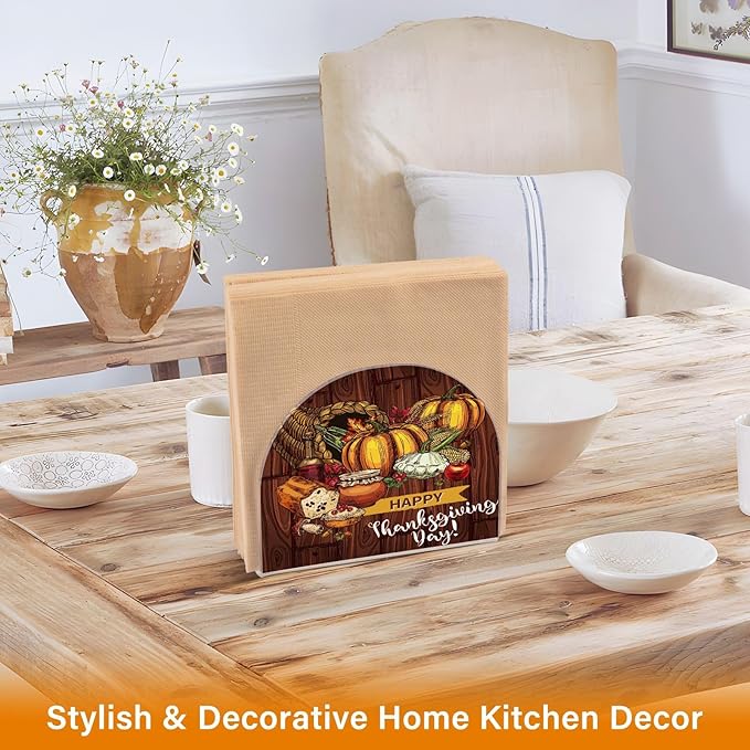 Napkin Holder Happy Thanksgiving Day Turkey Bread Pumpkin Crystal Clear Acrylic Napkin Holders, Paper Napkin Holder Dining Table Dispenser for Kitchen Restaurant Home Decor Bar Accessories