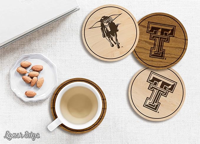 LazerEdge Texas Tech Red Raiders Wooden Coaster Set - Maple Wood - Officially Licensed Product - 4-Pack