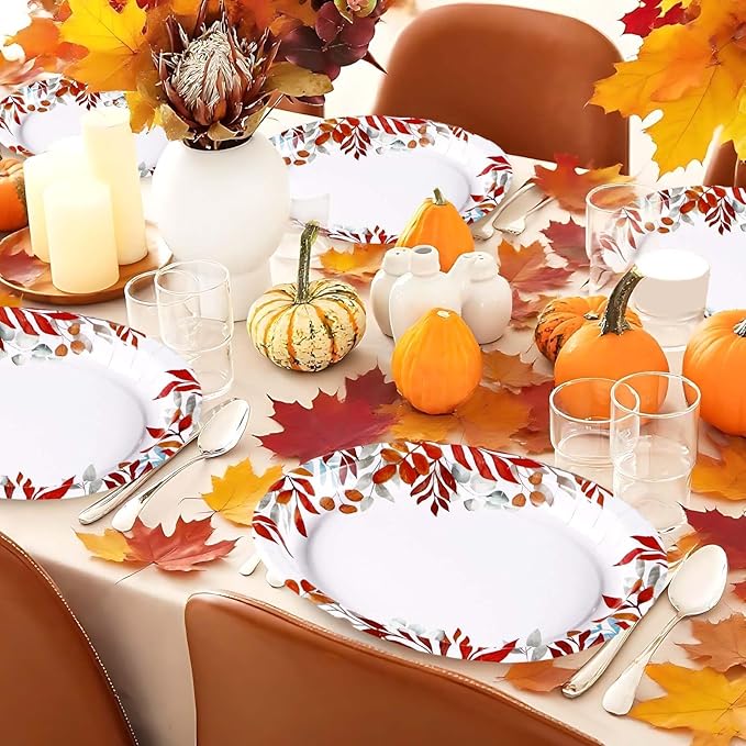 Grencian 50Pcs Fall Oval Paper Plates 10" x 12" Large Disposable Heavy Duty Fall Maple Leaves Paper Plates Autumn Leaves Seasonal Party Decorations for Thanksgiving Holiday Party Supplies