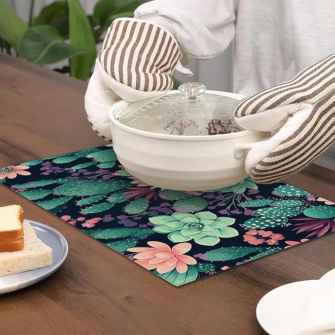 Placemats Set of 6,Cactus Flowers Table Mats,Tropical Succulent Washable Linen Table Mats,Non-Slip Heat Resistant Placemats for Party Kitchen Dining Indoor Outdoor 12"x18"