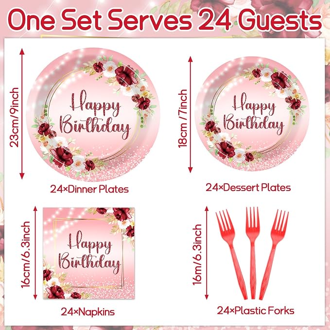 96Pcs Burgundy Birthday Party Supplies Burgundy Floral Paper Plates Napkins - Image 2