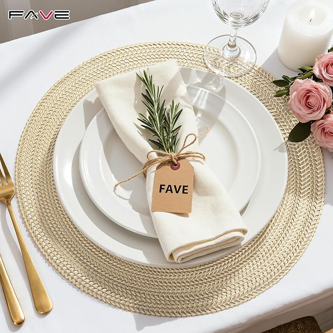 FAVE 10PCS Gold Vinyl Round Placemats, Wheat Sheaf Design 15 Inch Placemats Set of 10 Washable for Dining, Events, Banquet, Home & Daily Use (Gold Wheat,10pcs)