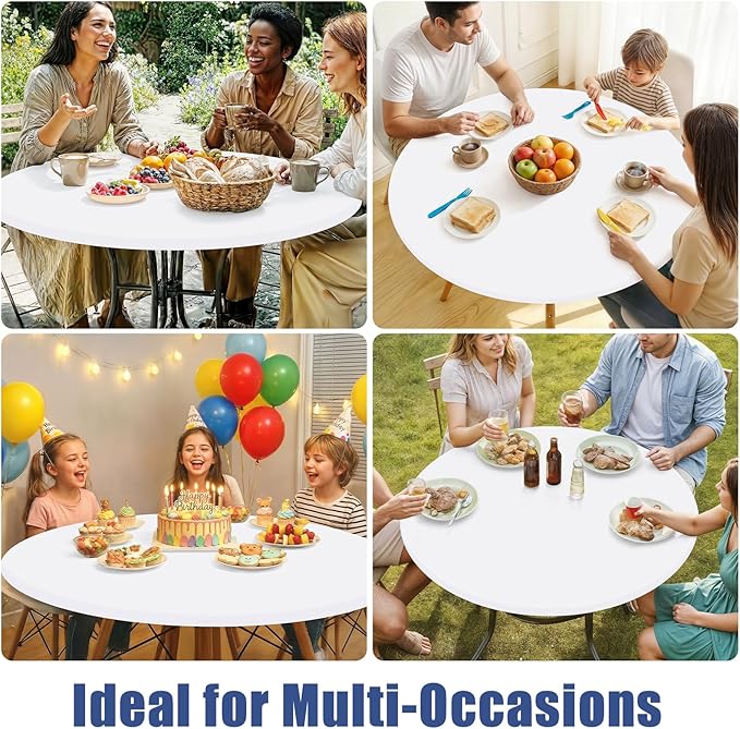 Round Spandex Tablecloth 2 Pack, Elastic Fitted Waterproof Tablecloths for 18"-24" Tables, Stretch Washable Picnic Table Cover for Camping, Dining, Indoor and Outdoor, White