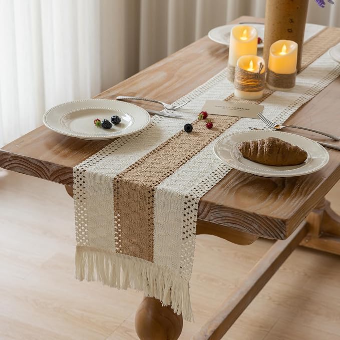 Keketoarrange Boho Macrame Table Runner 12x48 Inch | Woven Burlap Rustic Runner - Image 3