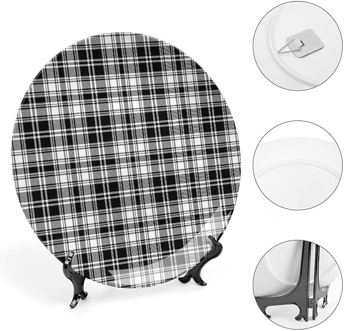 Ceramic Display Plate, Abstract Decor Ceramic Hanging Decorative Plate, British Tartan Stripes Pattern, 8 Inch, Household Custom Ceramic Plate, Black White