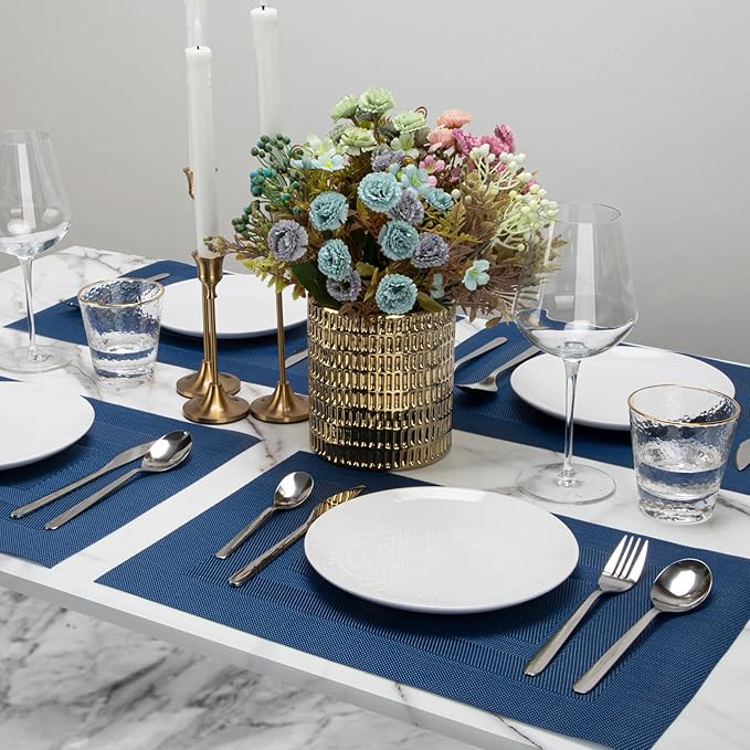 Winknowl Placemats Set of 4, Washable Vinyl Woven Placemats, Heat Resistant & Wipeable Table Mats for Kitchen Dining Table (Navy Blue)