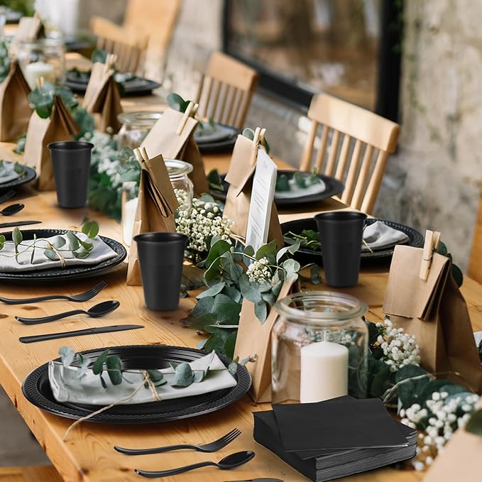 Kochorie 240 Pieces Black Plastic Dinnerware Set for 30 Guests Disposable Heavy Duty Plates Napkins Cups and Silverware Dessert Dinner Plates for Birthday Wedding Halloween Party Supplies
