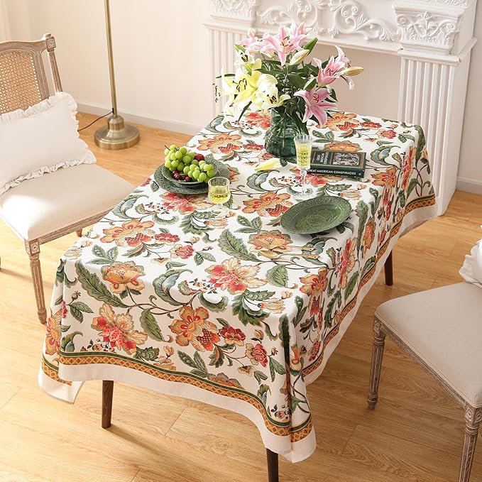 patdrea Designer Linen Rectangle Tablecloth,Vintage Provencal Rustic Floral Pattern Tablecloths,Decorative Table Cover Cloth for Kitchen,Dining Room,Tea Party,Home,Christmas,55"*71"