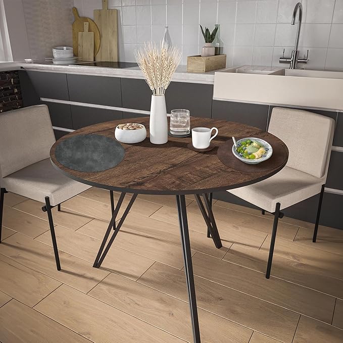 Round Placemats and Coasters Set of 4, Washable Reversible Faux Leather Placemats Cowhide Pattern Place Mats Wipeable Non-Slip 15 inch Round Kitchen Dining Table Mats (Gray Dark Coffee, 4)