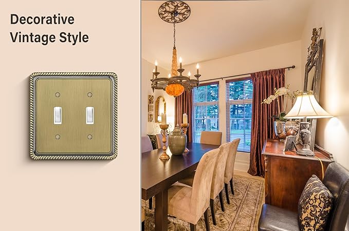 Henne Bery Rope Edge Decorative Wall Plate Switch Plate Outlet Cover (Double Toggle, Antique Brass)