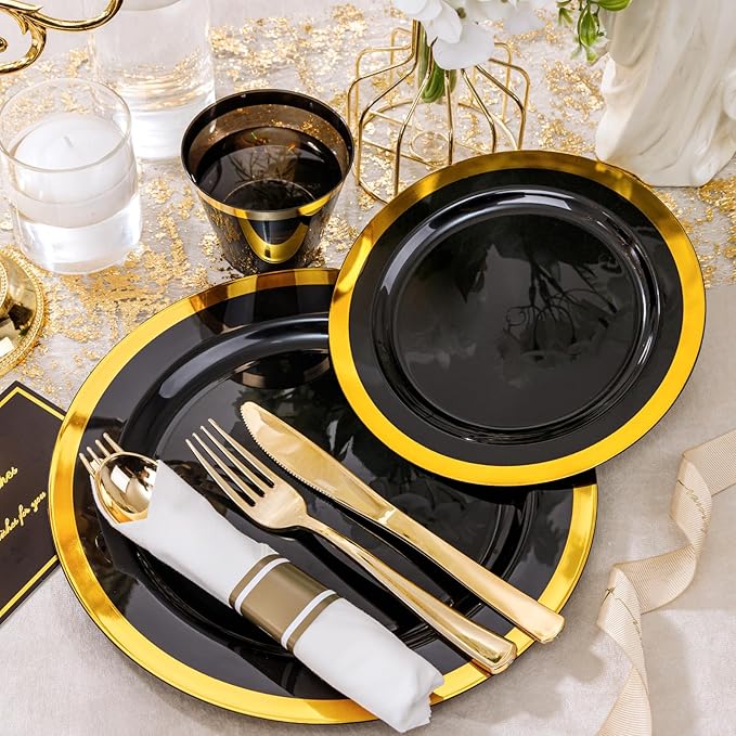 YOUBET 350PCS Black and Gold Plastic Plates - Gold Disposable Dinnerware Sets for 50 Guests - 100 Plastic Plates, 150 Gold Silverware, 50 Cups, 50 Pre Rolled Napkins for Party & Wedding