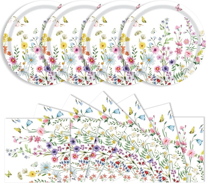 40 Pcs Wildflower Plates And Napkins, 9 Inch Floral Plates and Napkins | by KFJBPB