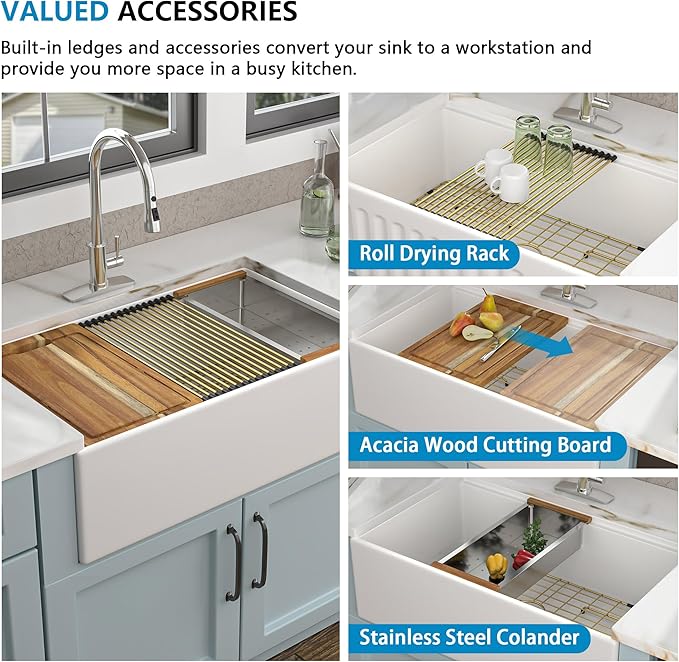 33 White Farm Sink Workstation - Fulorni 33 Inch Farmhouse Kitchen Sink Workstation with Slide Ledge Apron Front Reversible White Ceramic Porcelain Fireclay Single Bowl Farmer Style Basin