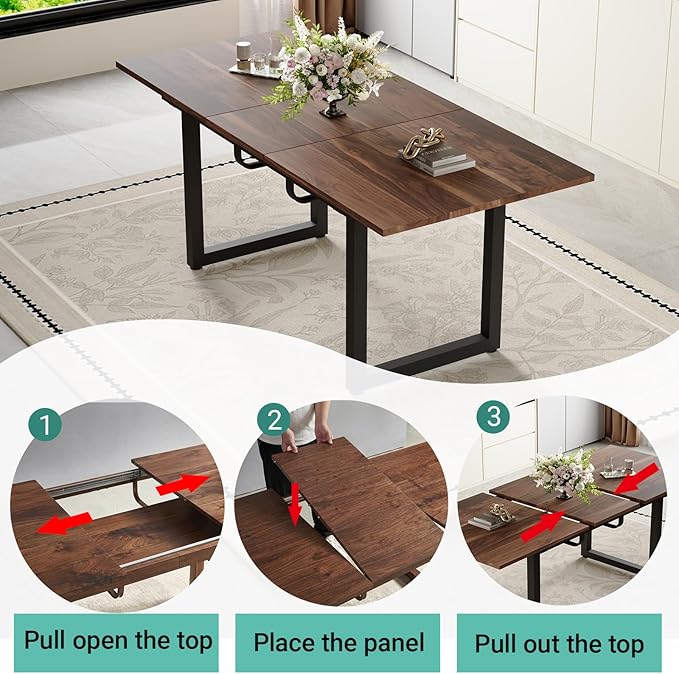 Dining Table Set for 6, 55"-71" Extendable Dining Room Table Set for 6, Modern Wood Kitchen Table with 6 Upholstered Chairs, Space-Saving for Dining Room Apartment, Easy Assembly