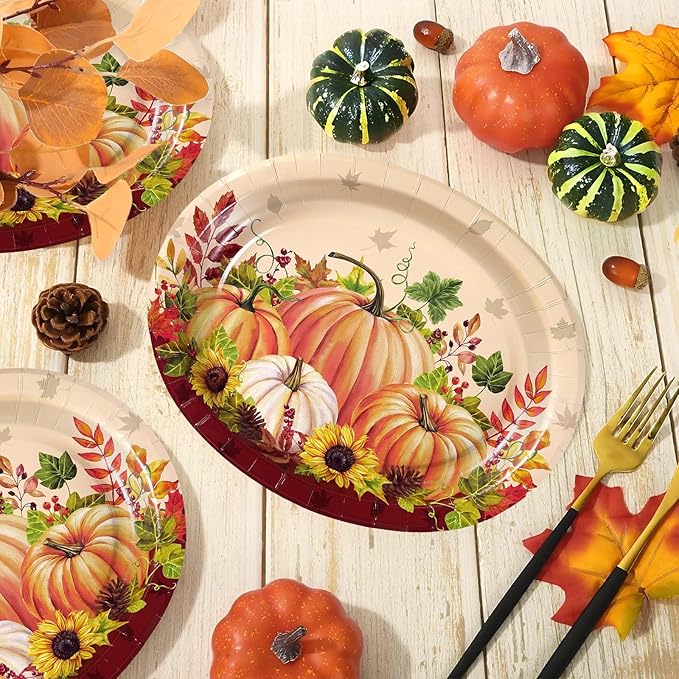 Grencian 50Pcs Fall Oval Paper Plates 10" x 12" Large Disposable Heavy Duty Pumpkin Plates Thanksgiving Pumpkin Sunflower Paper Platters for Thanksgiving Fall Harvest Holiday Decorations