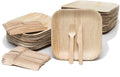 Bamboo Plates with Cutlery - Set of 50 Plates (8in) + 50 Forks + 50 Knives | Biodegradable Palm Leaf Plates | Disposable Dinner Plates | Rustic Dinnerware for Christmas, Wedding, Party