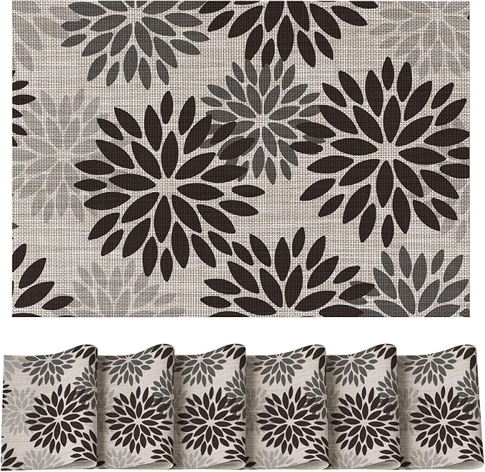 Artoid Mode Floral Vinyl Placemats Set of 6, Heat Resistant Washable Non-Slip Plistic PVC Place Mats for Party Kitchen Dining Decor, Black