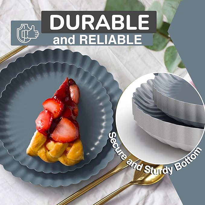 Trendables Floral Paper Plates 8.5 Inch & 10.5 Inch 40 Pcs Dinner Plate Set Fancy Disposable Plates for Party for 20 Guests 20 X 8 & 20 X 10 Large & Small Paper Plate Set for Parties Slate Blue