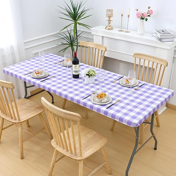 Smiry Rectangle Picnic Table Cloth, Elastic Waterproof Fitted Vinyl Tablecloths, Flannel Backed Buffalo Plaid Table Covers for Dining, Camping, Outdoor (White and Purple, 30" x 60")