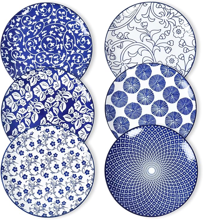 Selamica Ceramic Dessert Plates,7 Inch Small Plates, Appetizer Plates for Kitchen, Set of 6, Microwave Dishwasher Safe, Vintage Blue